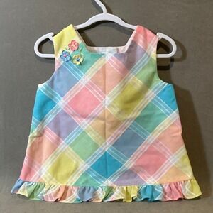 Merry Mites Vintage Pastel Plaid Ruffle Back‎ Top Sleeveless Floral Embroidery